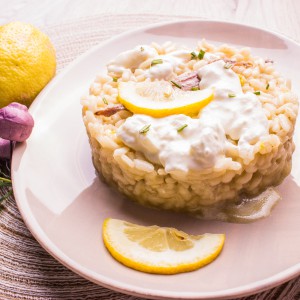 Risotto with anchovies, lemon and burrata