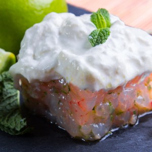 Pink shrimp tartare, mint and lime with burrata stracciatella