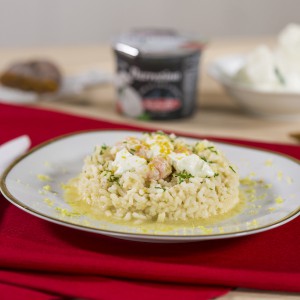 Risotto agli scampi con burrata, bottarga di tonno e profumo di limone